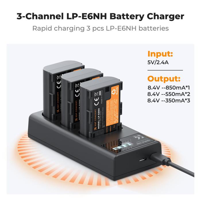 KNF Concept LP-E6NH 3 Slot Fast Charger with LCD For Canon EOS R5, EOS R6, EOS R, EOS 5D Mark IV, 5D Mark III, 5DS, 5DS R, 5D Mark II, 6D Camera K&F Concept - Gambar 7