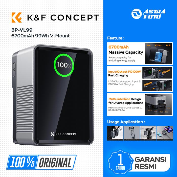 KNF Concept K&F Concept BP-VL99 6700mAh 99Wh V-Mount Battery with PD100W USB-C Fast Charging and Multi-Output Ports, TFT Digital Screen & Emergency Light for Camera, photography light, smartphone, laptop KNF Concept