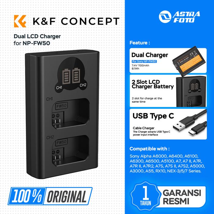 KNF Concept KNF Concept NP-FW50 LCD Dual Smart Charger Type C Fast Charging For Sony A6400 A6000 A5100 A7 II A6300 ZV-E10