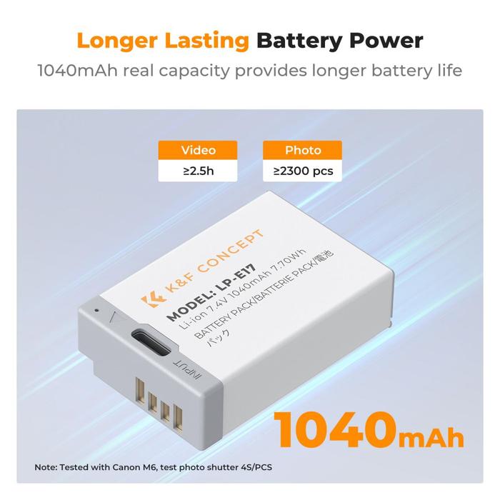 K&F Concept LP-E17 Battery with USB C Fast Charging for Canon EOS RP R10, R8, R50, EOS M3, M5, M6, EOS 200D, 77D, 750D, 760D, 800D, 8000D KNF Concept Baterai LPE17 - 1pc Battery · 3