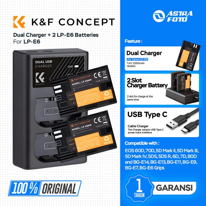KNF Concept Battery Canon LP-E6 NH 2-Pack With Dual Charger K&F - Charger Only · 2
