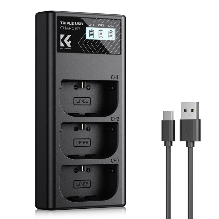 KNF Concept LP-E6NH 3 Slot Fast Charger with LCD For Canon EOS R5, EOS R6, EOS R, EOS 5D Mark IV, 5D Mark III, 5DS, 5DS R, 5D Mark II, 6D Camera K&F Concept - Gambar 2