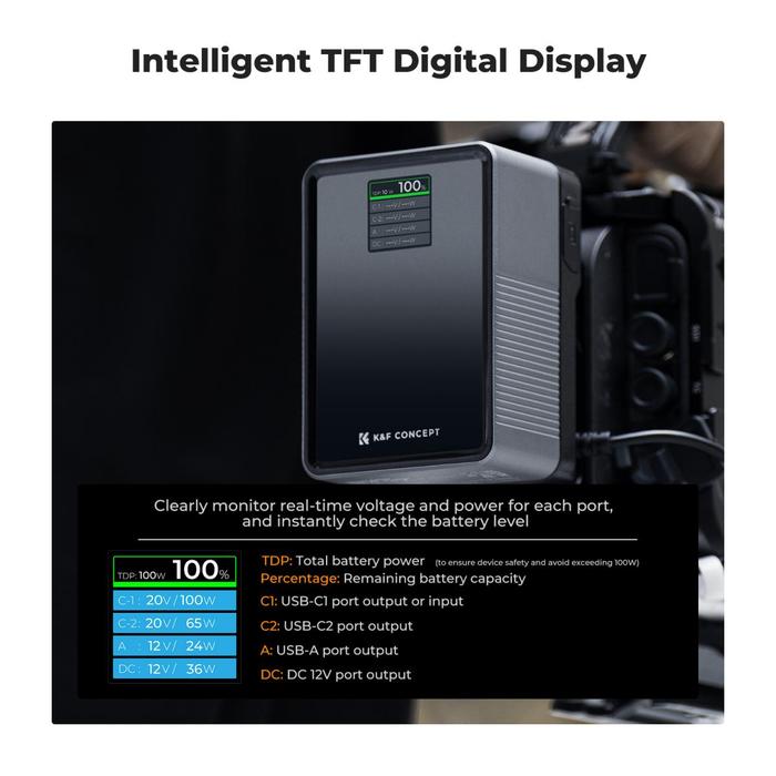 K&F Concept BP-VL99 6700mAh 99Wh V-Mount Battery with PD100W USB-C Fast Charging and Multi-Output Ports, TFT Digital Screen & Emergency Light for Camera, photography light, smartphone, laptop KNF Concept · 6
