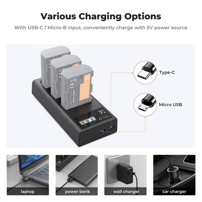 KNF Concept LP-E6NH 3 Slot Fast Charger with LCD For Canon EOS R5, EOS R6, EOS R, EOS 5D Mark IV, 5D Mark III, 5DS, 5DS R, 5D Mark II, 6D Camera K&F Concept - Gambar 6