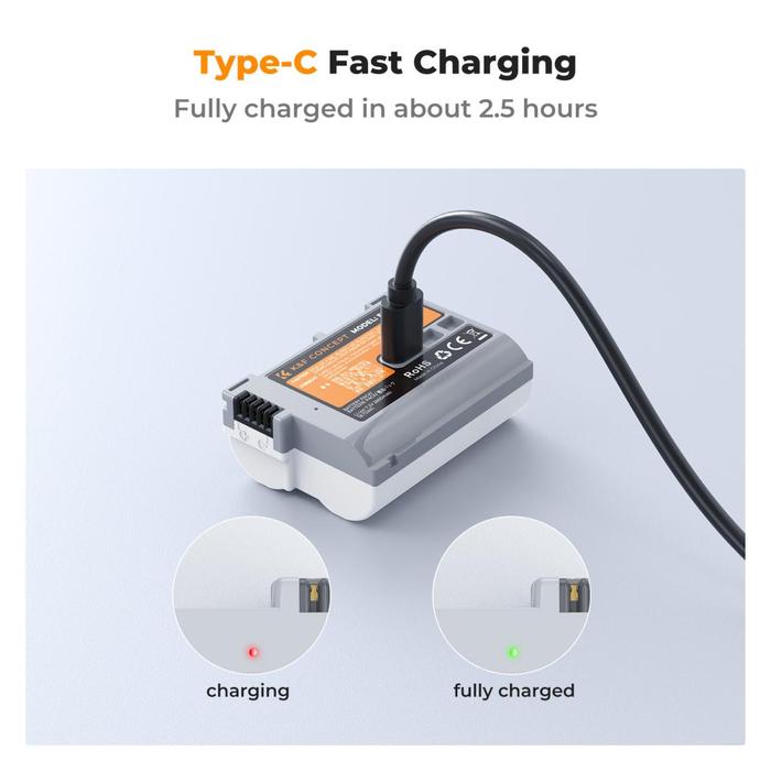 K&F Concept EN-EL15 Battery Type C Port Fast Charing For Nikon Z8, Z7II, Z 7, Z 6II, Z 6, Z5, D850, D810, D810A, D780, D750, D610, D500, D7500, D7200 Baterai Kamera KNF Concept · 8