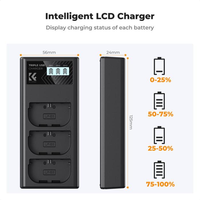KNF Concept LP-E6NH 3 Slot Fast Charger with LCD For Canon EOS R5, EOS R6, EOS R, EOS 5D Mark IV, 5D Mark III, 5DS, 5DS R, 5D Mark II, 6D Camera K&F Concept - Gambar 8