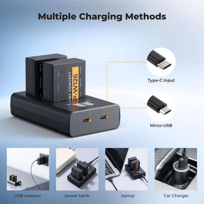 KNF Concept Battery Fuji NP-W126 2-Pack With Dual Charger NP-W126S K&F · 5