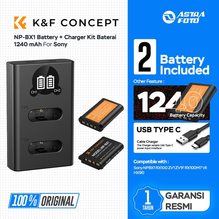 K&F Concept NP-BX1 Battery + Charger Kit Baterai For Sony NPBX1 RX100 ZV1 ZV1F RX100M7 VII HX90 KNF Concept - Charger Only · 2