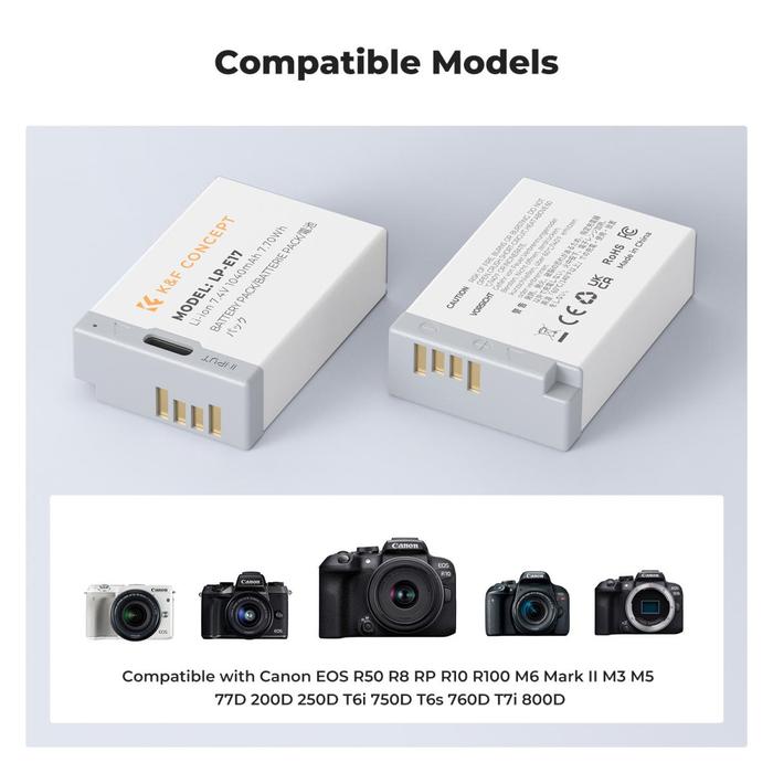 K&F Concept LP-E17 Battery with USB C Fast Charging for Canon EOS RP R10, R8, R50, EOS M3, M5, M6, EOS 200D, 77D, 750D, 760D, 800D, 8000D KNF Concept Baterai LPE17 - 1pc Battery · 5