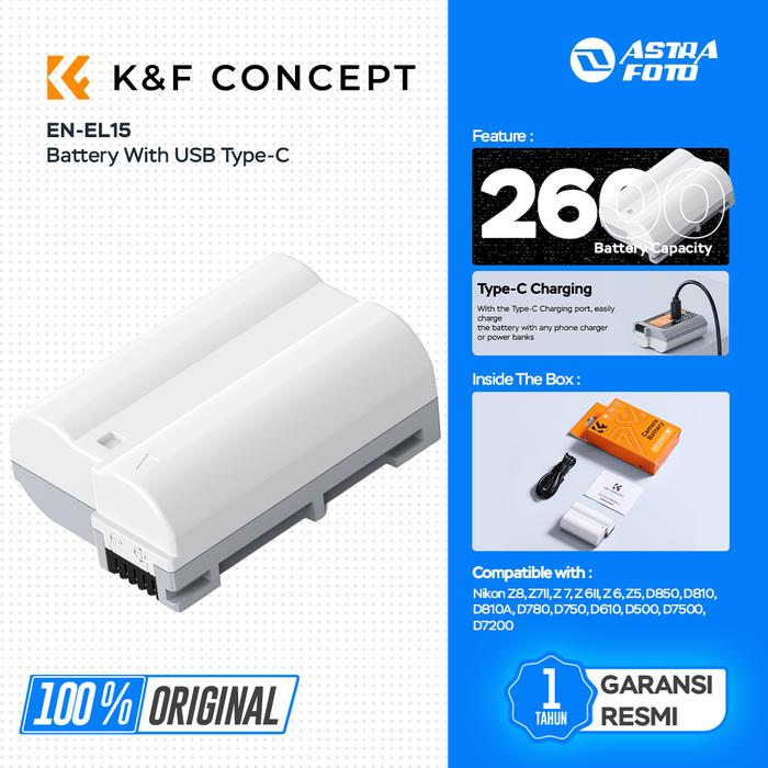 KNF Concept K&F Concept EN-EL15 Battery Type C Port Fast Charing For Nikon Z8, Z7II, Z 7, Z 6II, Z 6, Z5, D850, D810, D810A, D780, D750, D610, D500, D7500, D7200 Baterai Kamera KNF Concept