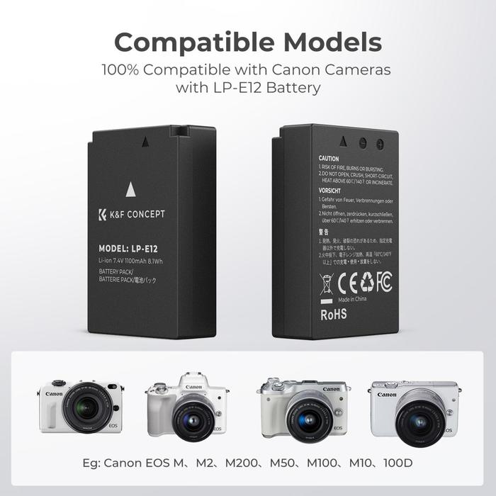 KNF Concept LP-E12 Battery For Canon Baterai & Charger For EOS M50 M100 M200 M10 100D K&F Concept - Kit 2 Battery+Charger · 8